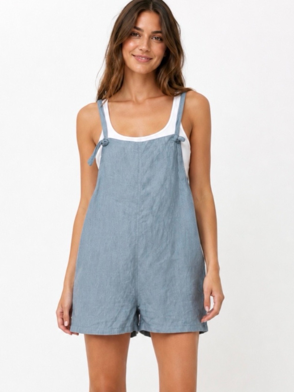 Field + Bloom Linen Shortall Romper Grey Blue Made in Canada XS Cottagecore